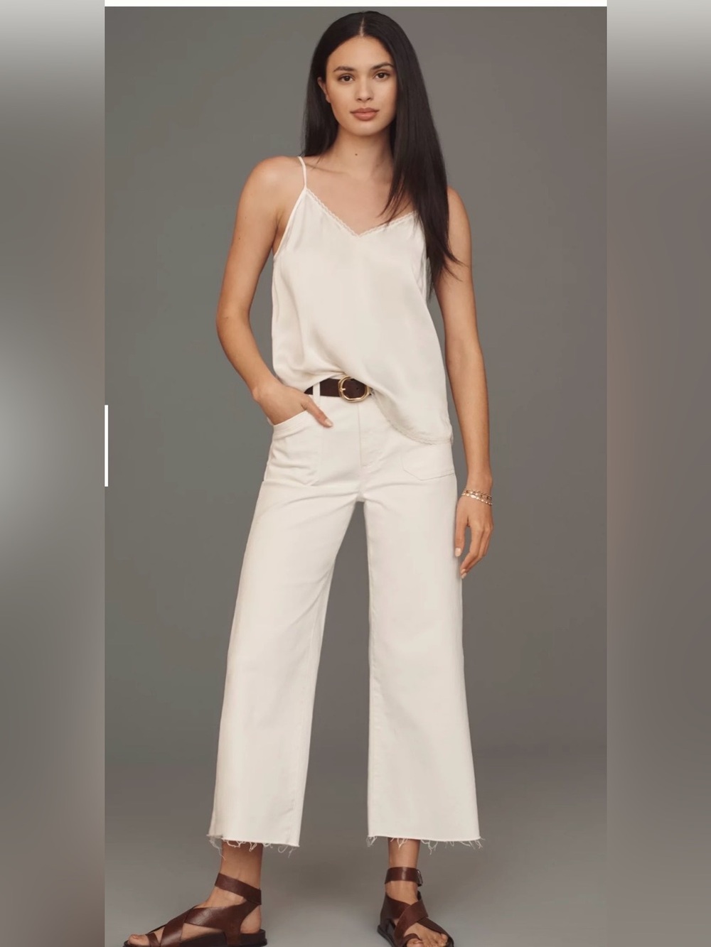 Paige Anessa Utility High-Rise Wide-Leg Crop Jeans Tonal Ecru White Raw Hem 31